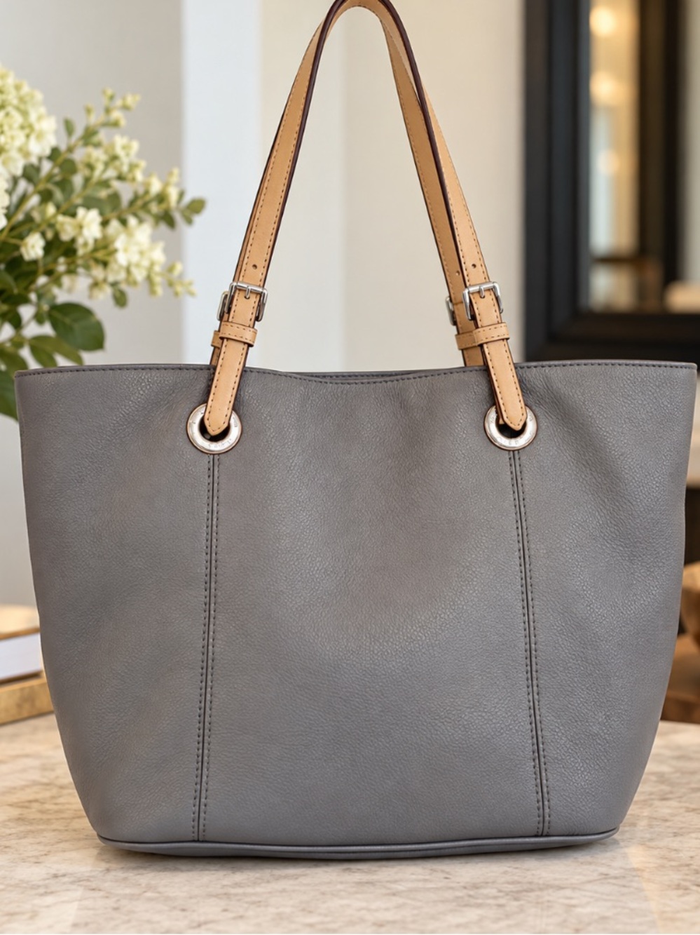 Michael Michael Kors Walsh Classic Grey Tote Bag with Tan Straps.